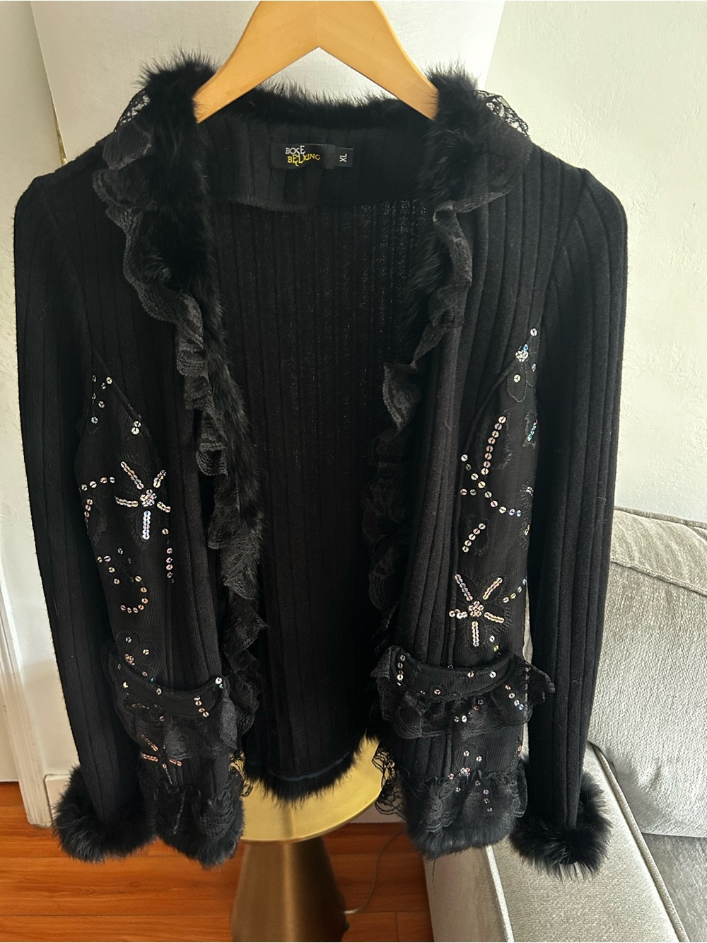 Vtg Knits Lace Sequins Fur Cardigan Sweater XL Linen Blend Whimsigoth Witchy - Picture 3 of 16